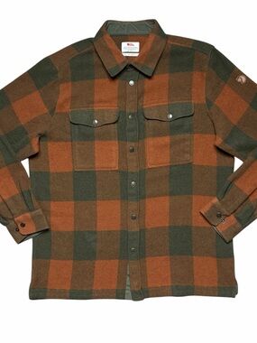 Fjallraven Men’s Orange Green Check Heavy Wool Canda Shirt Size XL Plaid Flannel